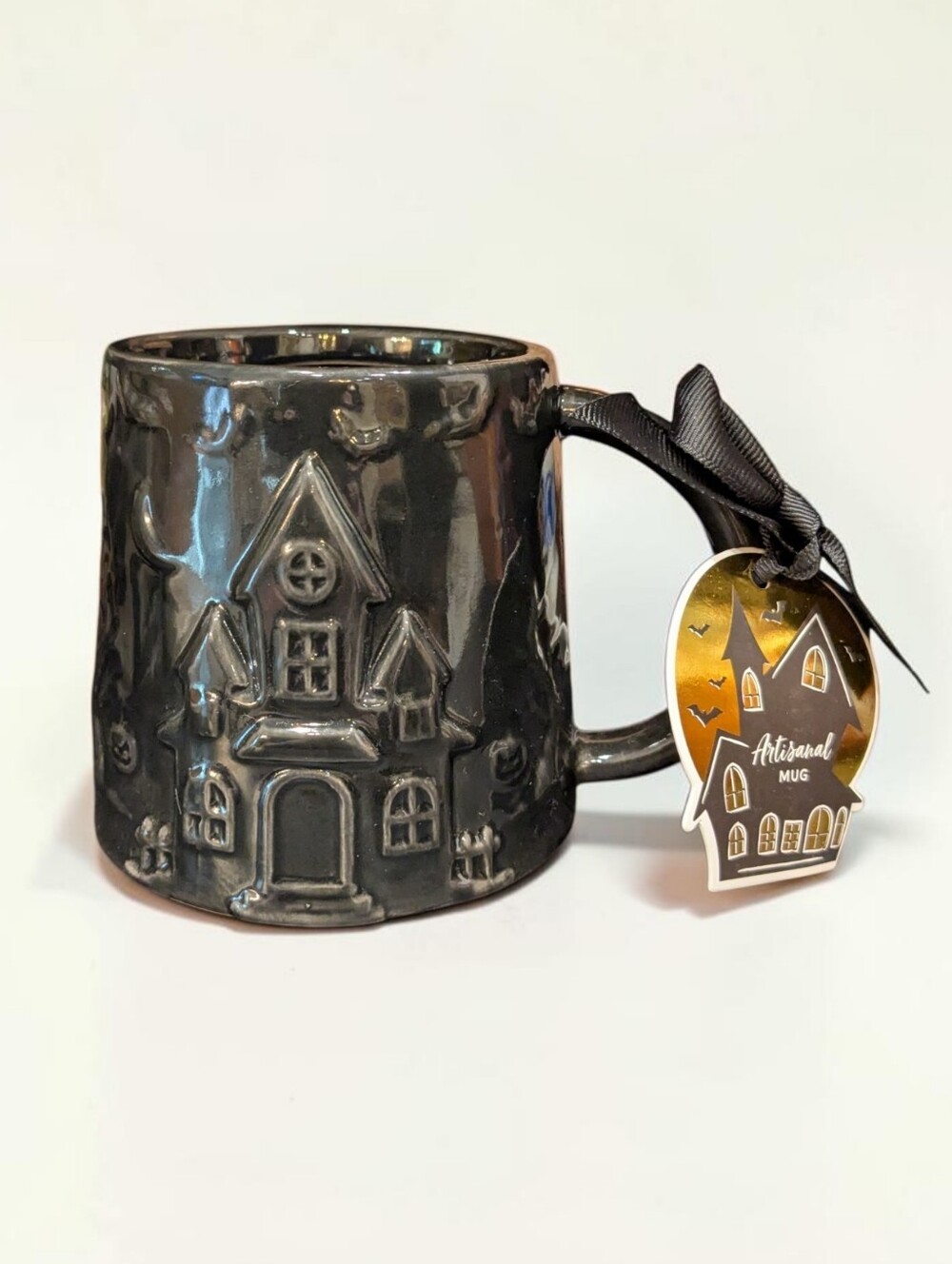 Sunday Morning Ceramics Black Haunted House-Relief Mug NWT 16 oz